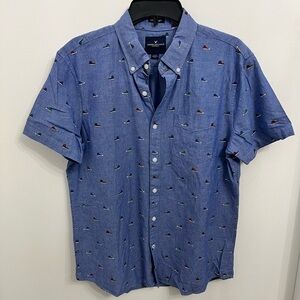 American Eagle Outfitters Blue Short-Sleeve Button-Down with Mini Sneaker Print